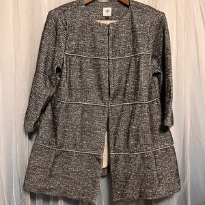 Cabi Black White‎ Textured Open Front Jacket Coat 3/4 Sleeve Size M